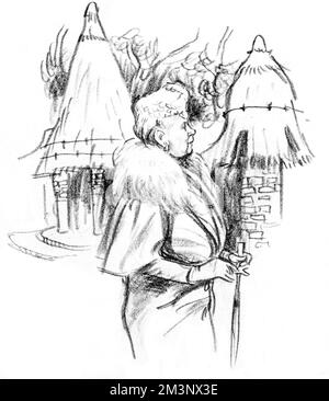 Schizzo della Regina Maria nella foto, ispezionando il giardino di cottage dal tetto di paglia di Ian Walker al Chelsea Flower Show, 1950. Data: 1950 Foto Stock