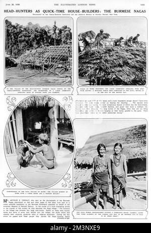Il signor A. S. Vernay ha visitato un villaggio delle Nagas birmane a caccia di testa con la spedizione del Museo Americano di Storia Naturale, scattando le fotografie che appaiono in questa pagina che includono, in senso orario dall'alto a sinistra: Nel villaggio del Nagas birmano caccia alla testa, la grande struttura di una grande abitazione comunitaria fatta di pali di legno e bambù; Nagas al lavoro che thatching la grande abitazione comunitaria con foglie di palma atap; Due Naga donne fotografate fuori di una casa comunità - Signore bashful che sono stati allarmati dalla macchina fotografica e ha dovuto essere ordinato di affrontare dal loro capo; e parrucchiere in Foto Stock