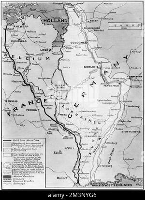 Una mappa che illustra l'armistizio alla fine della prima guerra mondiale. La linea nera mostra la linea di battaglia del giorno dell'armistizio, 11th novembre 1918. Belgio, Francia, Lussemburgo e Alsazia-Lorena saranno evacuati dalla Germania. La riva sinistra (ovest) del Reno deve essere evacuata e sarà sotto il controllo degli eserciti di occupazione degli Stati Uniti e degli Alleati. Sarà istituita una zona neutra sulla riva destra (est) del Reno. Data: Novembre 1918 Foto Stock