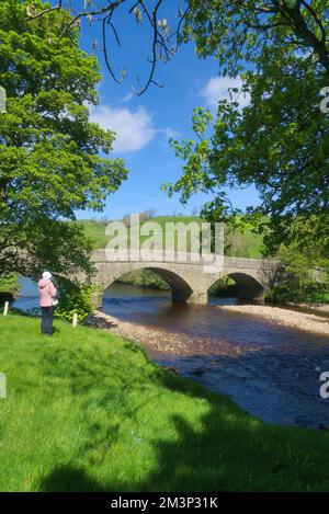 Guardando verso est lungo il dolce fiume Swale, a Swaledale. Tratto dal ponte di Low Ln vicino al villaggio di Reeth, dal B6270. Vicino a Richmond, Yorkshire Dales Foto Stock