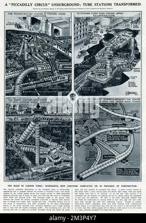 A Piccadilly Circus metropolitana: Stazioni della metropolitana trasformato. Il labirinto dei tubi di Londra: Nuovi e meravigliosi incroci completati o in corso di costruzione. Data: 1927 Foto Stock