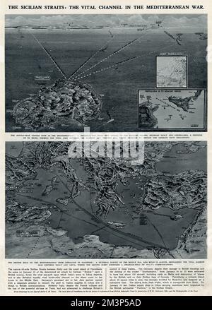 Una mappa degli stretti siciliani: Il canale vitale della guerra mediterranea. Anche una mappa dell'area mediterranea generale. Data: 1941 Foto Stock