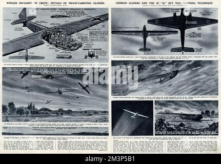 Invasori alati di Creta: Dettagli degli alianti che trasportano truppe durante la seconda guerra mondiale. Alianti tedeschi e la JU52 Sky Tug; tecnica di atterraggio. Data: 1941 Foto Stock