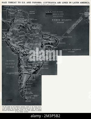 Minaccia tedesca per l'America e Panama: Compagnie aeree Lufthansa in America Latina. Una mappa che mostra come le compagnie aeree controllate dalla Germania, capaci di un movimento bellico convergente contro il canale di Panama, stavano rivaleggiando con i servizi della Pan-American Airways in Sud America durante la seconda guerra mondiale. Data: 1941 Foto Stock