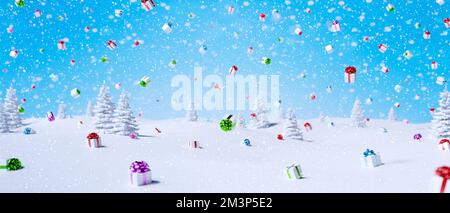 Sfondo delle vacanze invernali con regali in caduta, neve e fiocchi di neve 3D rendering 3D illustrazione Foto Stock