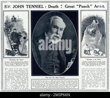 Sir John Tenniel (1820 - 1914), artista, illustratore e cartoonista britannico, appena morto. Visto qui con due dei suoi cartoni animati Punch più famosi: Cadere il pilota e in attesa di essere vinto. 1914 Foto Stock