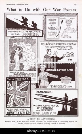 Un fumetto umoristico del Bystander di Alick P. F Ritchie che offre suggerimenti su cosa fare con i manifesti di guerra scartati. Un certo numero di poster sono spoofs di disegni familiari tra cui, in basso a destra, un omaggio al Remember! Poster disegnato da H. L. Oakley. Foto Stock