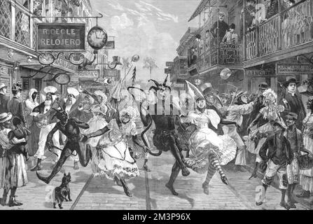 Il carnevale nel porto di Spagna, Trinidad, 1888. La gente cavort in vestito di fantasia attraverso la strada, alcuni banjos di gioco, altri brandishing che cosa assomiglia alle vesciche sui bastoni. Le persone più vestite in modo conservativo guardano dal marciapiede e dai balconi sopra il livello della strada. Data: 1888 Foto Stock