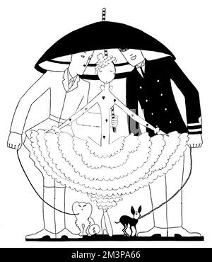 Eve, l'immaginario columnista di pettegolezzi della rivista Tatler raffigurato sotto un ombrellone o un ombrello con un esercito e ufficiale della marina e fornendo riparo al suo cane Tou Tou con l'aiuto delle nuove gonne corte e larghe alla moda, che avevano sostituito la gonna hobble pre-guerra. Data: 1915 Foto Stock