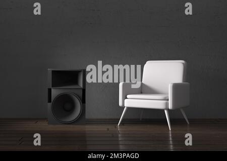 Moderna poltrona bianca e altoparlante woofer in una camera interna scura. Ascoltare musica. Rendering 3D. Foto Stock
