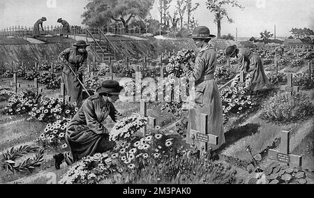 Donne giardiniere che curano le tombe dei soldati, prima guerra mondiale Foto Stock