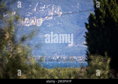 Barche a vela su un lago incorniciato da alberi Foto Stock