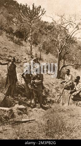 Truppe indiane in pattuglia in Africa orientale durante la prima guerra mondiale, interrogando per notizie del nemico. Data: 1916 Foto Stock