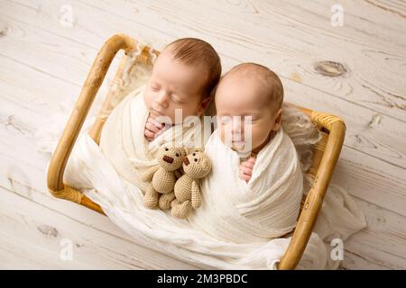 Piccoli ragazzi gemelli neonati in bozzoli bianchi in un cesto di legno con giocattoli di orso. Foto Stock