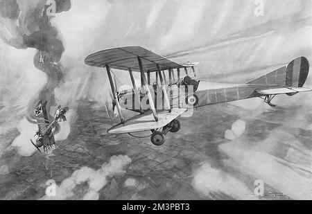 Un biplano scouting britannico, attaccato da un fuoco di mitragliatrici da un aereo tedesco più grande sul territorio belga, testimonia la spirale dell'aereo nemico alla terra in fiamme dopo essere stato colpito da armi antiaeree. 1916 Foto Stock