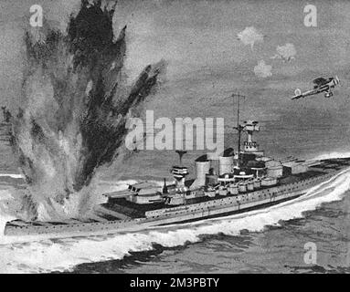 Alle 11,30am la corazzata italiana, la Vittorio Veneto, viene attaccata dai bombardieri britannici Fairey Albacore siluro, lanciati dalla portaerei H.M.S. Formidabile Data: 28 marzo 1941 Foto Stock