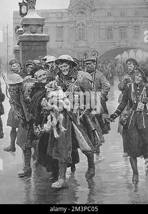 Partenza di Natale 1916, scena alla stazione Victoria di Matania Foto Stock