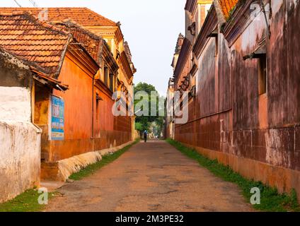 Strada tranquilla con palazzi Chettiar, Tamil Nadu, Pallathur, India Foto Stock