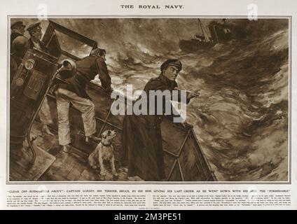 Clear off - sommergibili circa: Capitano Loxley della Royal Navy, il suo terrier Bruce al suo fianco, raffigurato dando il suo ultimo ordine ad un'altra nave, avvertimento del pericolo di siluri. Il capitano Loxley era al comando della formidabile HMS che fu colpita da un siluro nella Manica nelle prime ore del mattino di Capodanno, 1915. Il capitano rimase sul ponte mentre la nave affondò, dando alla fine l'ordine che l'equipaggio evacuasse. Rimase lì, il suo fedele cane al suo fianco, e fu visto per l'ultima volta con le braccia ripiegate mentre la barca affondava sotto l'acqua. Riproduzione di un dipinto di C M Padday Foto Stock