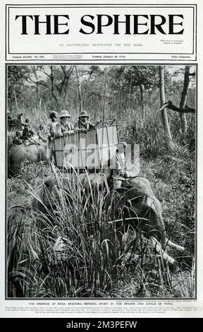 Foto di copertina di 'The Sphere', che mostra il re Giorgio V seduto sul suo elefante da caccia durante le sue vacanze nella Napel teri. Data: 1912 Foto Stock