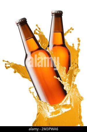 due bottiglie di birra su sfondo bianco Foto Stock