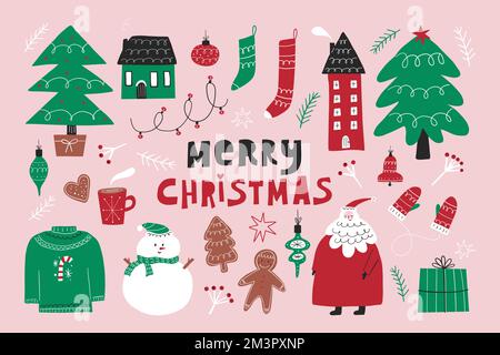 Accogliente set di elementi di design natalizi per le vacanze invernali. Carino igge indossare, Babbo Natale, regali, albero e pacchetto di pan di zenzero. Illustrazione Vettoriale