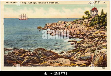 Rocky Shore at Cape Cottage, Portland Harbor, Me. , Coastlines, Tichnor Brothers Collection, cartoline degli Stati Uniti Foto Stock