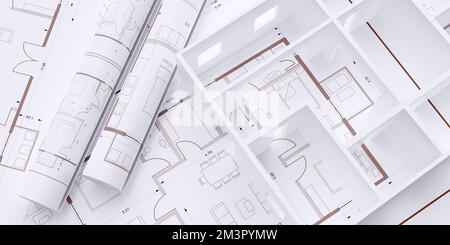 Pianta e modello della casa, concetto di costruzione. Architettura BluePrint disegni sfondo, vista dall'alto. rendering 3d Foto Stock