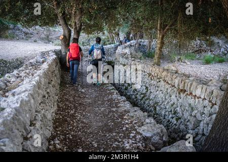 Escursionisti a piedi tra le mura di pietra vicino a un fossato tradizionale, Oriente , Bunyola, Maiorca, Isole Baleari, Spagna Foto Stock