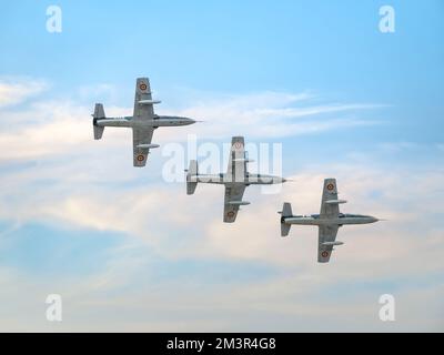 Tre velivoli ad attacco leggero IAR 99 Șoim (Hawk) dimostrazione aeronautica. Parata dell'aeronautica rumena Foto Stock