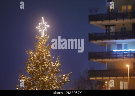 Albero di Natale illuminato in quartiere residenziale. Decorazione di Natale in città durante l'avvento. Praga, Repubblica Ceca Foto Stock