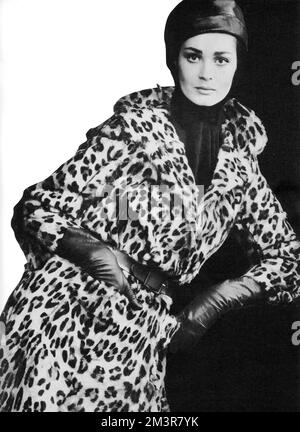 Un cappotto felino con stampa leopardata su pelle di capretto tagliata di Frank Cooney, indossato con un casco in pelle nera con lunghe sciarpe in Jersey di otto Lucas. Data: 1965 Foto Stock