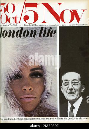 Copertina della rivista London Life con un modello che indossa un cappotto con cappuccio in pelliccia e un uomo d'affari. Data: 1965 Foto Stock