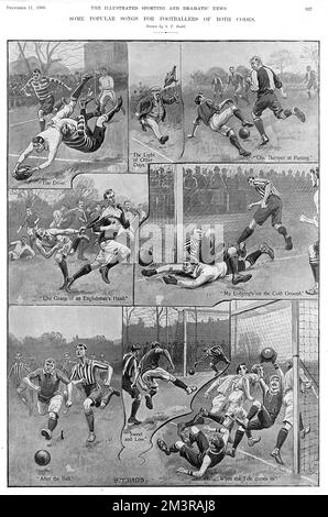 Pagina delle Notizie sportive e drammatiche illustrate che raffigurano varie scene di rugby e calcio legate a canti umoristici del periodo Data: 1909 Foto Stock