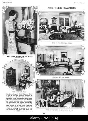 Pagina dal Tatler nel luglio 1935 con "la bella casa" di Ernest Simpson, alias Wallis Simpson (Duchessa di Windsor) a Bryanston Court, descritta dalla rivista come "una delle più arredate artisticamente a Londra". L'appartamento è stato decorato da Herman Schrijver secondo le idee di Wallis. Data: 1935 Foto Stock