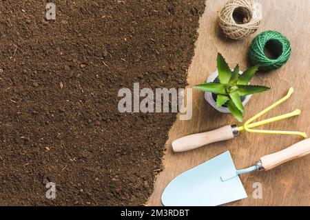Vista dall'alto attrezzi da giardinaggio terra. Risoluzione e foto di alta qualità Foto Stock