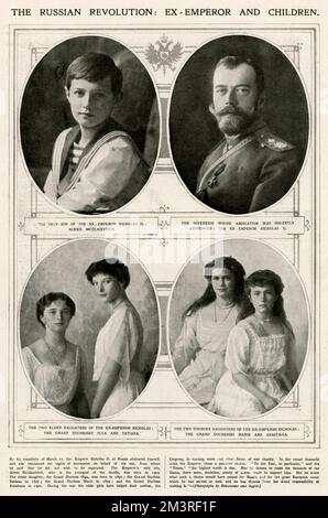 Nicola II di Russia (1868 - 1918), ultimo zar di Russia, dal 1 novembre 1894 fino alla sua abdicazione forzata il 15 marzo 1917. (In alto a sinistra) Alexei Nikolaevich, Tsarevich di Russia (1904 - 1918) figlio unico, (in basso a sinistra) due figlie maggiori le Granduchesse Olga Nikolaevna (1895 - 1918) e Tatiana Nikolaevna (1897 - 1918) e le Granduchesse Maria Nikolaevna (1899 - 1918) e Anastasia Nikolaevna (1901 - 1918). Tutte giustiziate dai bolscevichi il 17 luglio 1918. Data: 1917 Foto Stock