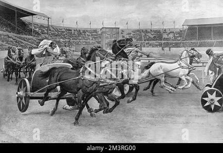 Il Grande Circus a Wembley - le emozionanti gare romane di Chariot allo Stadio di Wembley. Un nuovo brivido per i visitatori della British Empire Exhibition, basata sulle gare del famoso Circo massimo di Roma all'epoca dell'imperatore. Le gare, organizzate dai signori Ginnett e Robertson, comprendevano 400-500 artisti che partecipavano a ciascuna delle due rappresentazioni giornaliere di questo gigantesco circo nello stadio. Raffigurato da Fortunino Matania, artista speciale per la sfera che ha disegnato molte ricostruzioni storiche (anche se questa è un'illustrazione contemporanea di una reale ricostruzione storica!). DAT Foto Stock