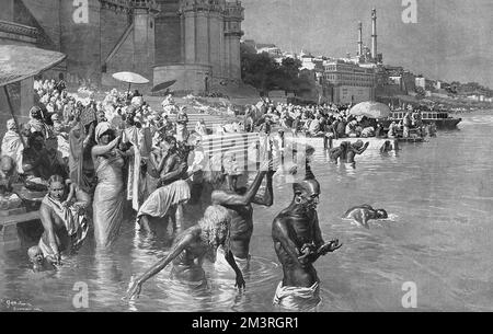 Bagno nel Gange di Fortunino Matania Foto Stock