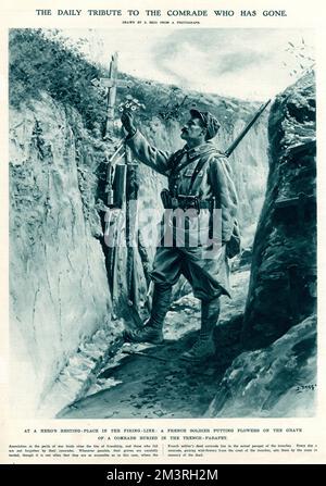 Nel luogo di riposo di un eroe nella linea di tiro, un soldato francese che mette fiori sulla tomba dove il compagno morto si trova nel parapetto reale delle trincee. 1915 Foto Stock