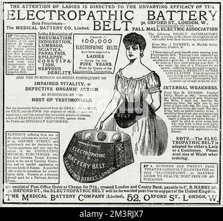 Annuncio per la cinghia della batteria elettropatica 1885 Foto Stock