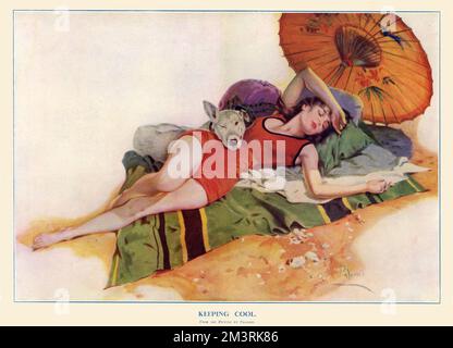 Una donna si trova di lusso su una spiaggia, vestita con un costume da bagno. Accanto a lei si possono vedere un cane e un ombrellone orientale. 1928 Foto Stock