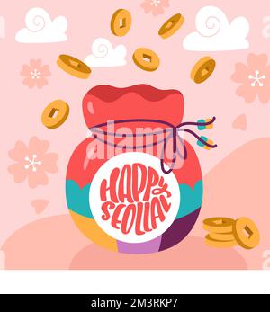 Tradizionale coreano colore Capodanno Lucky Bag e testo Happy Seollal. Fortune Pocket con monete. Bokjumeoni Pukchumoni Illustrazione vettoriale d'arte per Lunar Illustrazione Vettoriale