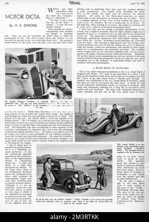 La rubrica settimanale dell'automobilismo nella rivista Sketch, 1938, con questa che mostra il comico Claude Dampier con la sua nuova Chrysler, la signora Joseph Mackle con la sua Daimler dritto otto e, in basso, I proprietari di un Austin Seven Ruby Saloon trovano la loro auto una corsa ideale per quando si fa un tuffo veloce sulla spiaggia in Cornovaglia. Data: 1938 Foto Stock