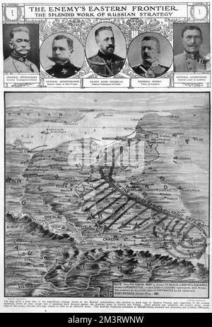 WW1 - la frontiera orientale di Enemy - lo splendido lavoro della strategia russa. Mappa pittorica che mostra la strategia dei Comandanti russi, dirigendo le loro forze principalmente contro l'esercito austriaco in Galizia e Polonia. Le sconfitte (e ritiri) nella Prussia orientale sono un po' spazzolate da parte... 1914 Foto Stock