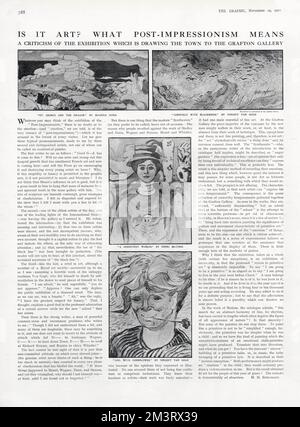 È arte? Che cosa significa post-impressionismo - "Una critica della mostra che sta attirando la città alla Grafton Gallery". (Dall'alto a sinistra) 'St George and the Dragon' di Maurice Denis - 'Cornfield with Blackbirds' di Vincent Van Gogh - 'A Green-eyed Woman' di Henri Matisse - 'Girl with Cornflower' di Van Gogh. Data: 1910 Foto Stock