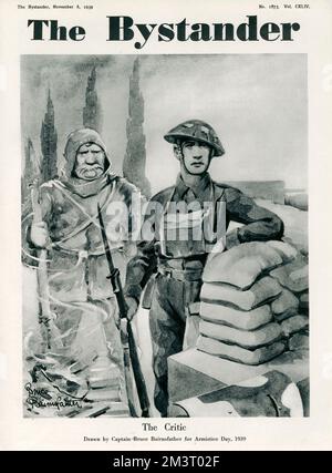 Copertina del Bystander illustrata dal più famoso cartoonista della rivista, il capitano Bruce Bairnsfather. Con un'altra guerra mondiale in corso, il famoso cartone animato di Bairnsfather, la creazione della prima guerra mondiale, 'Ole Bill, si pone come un'apparizione spettrale dietro un giovane soldato in uniforme della seconda guerra mondiale. Data: 1939 Foto Stock