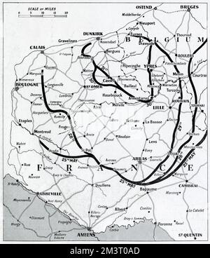 Mappa di Francia e Belgio, evacuazione da Dunkerque, seconda guerra mondiale Foto Stock