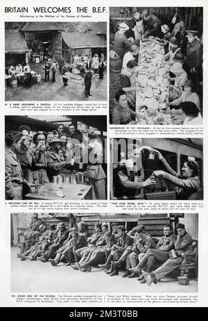 Ritorno della British Expeditionary Force da Dunkerque, ricevendo cibo e bevande da civili utili. Di seguito sono riportati alcuni prigionieri di guerra tedeschi portati in Inghilterra allo stesso tempo. Data: 1940 Foto Stock
