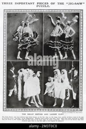 Pagina dal Tatler con fotografie delle deliziose sorelle Dolly che hanno eseguito la loro prima rivisita londinese, 'Jig-Saw' all'Ippodromo di Londra. Le due fotografie in basso le mostrano nei loro costumi per la danza Pony Trot in cui Laddie Cliff ha tenuto le redini. Data: 1920 Foto Stock